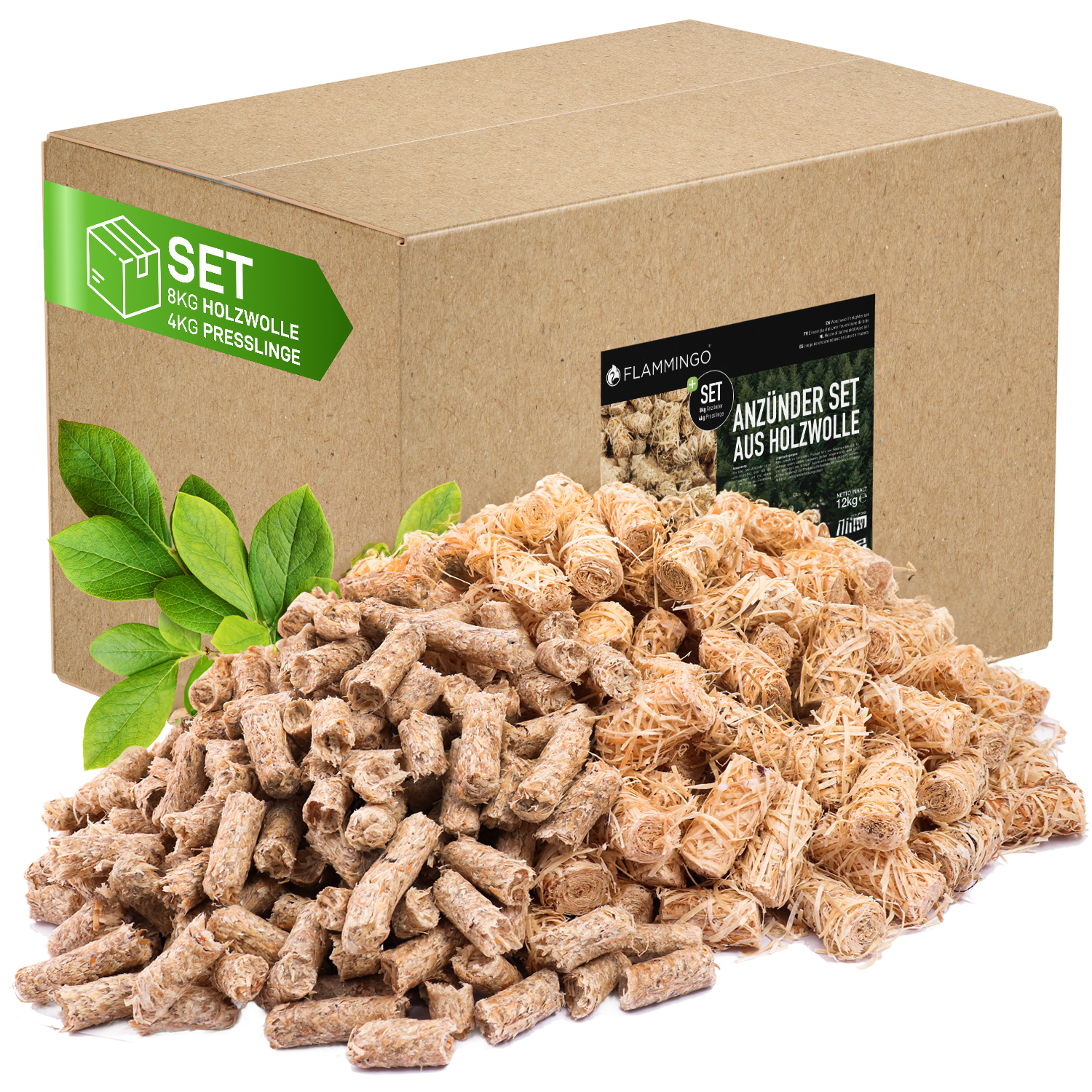 Flammingo® Anzünder Duo Set 12kg | 8kg Holzwolleanzünder + 4kg Anzündsticks