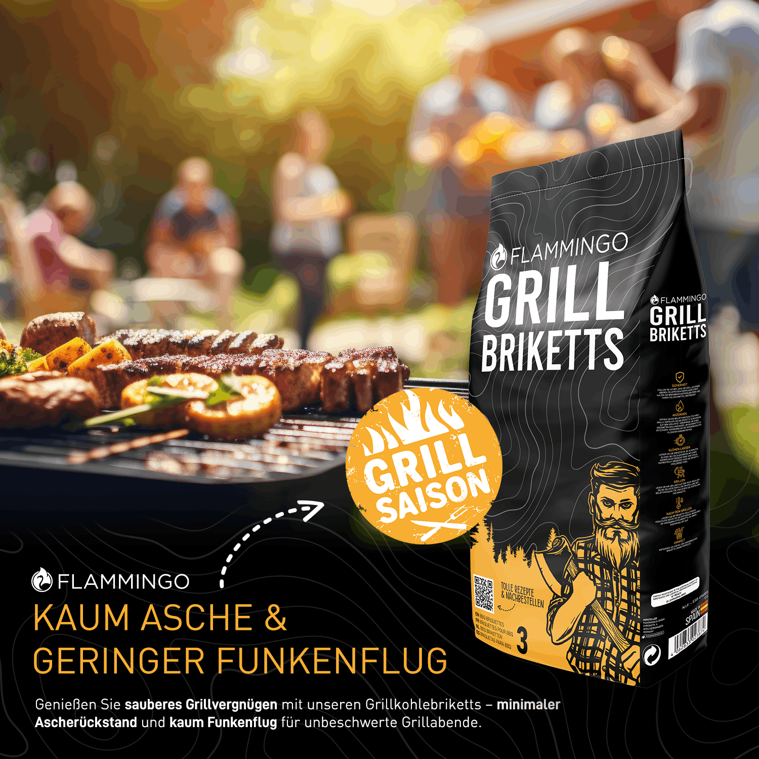 Flammingo® Grillholzkohle Briketts 3-27 kg in Papiersack