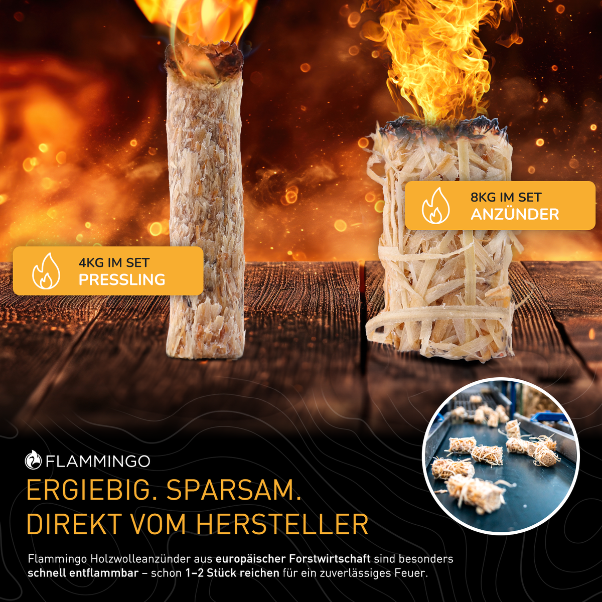 Flammingo® Anzünder Duo Set 12kg | 8kg Holzwolleanzünder + 4kg Anzündsticks