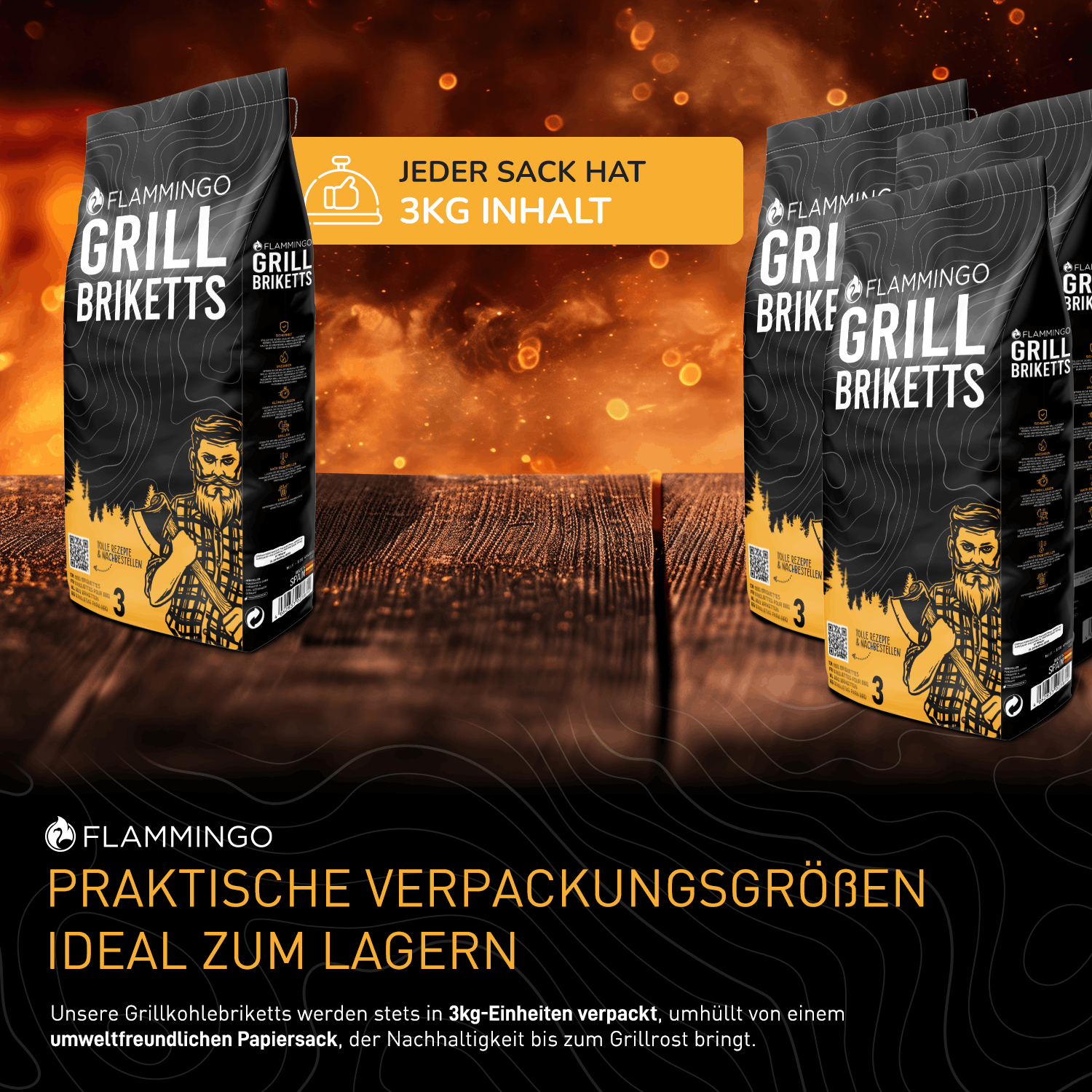 Flammingo® Grillholzkohle Briketts 3-27 kg in Papiersack