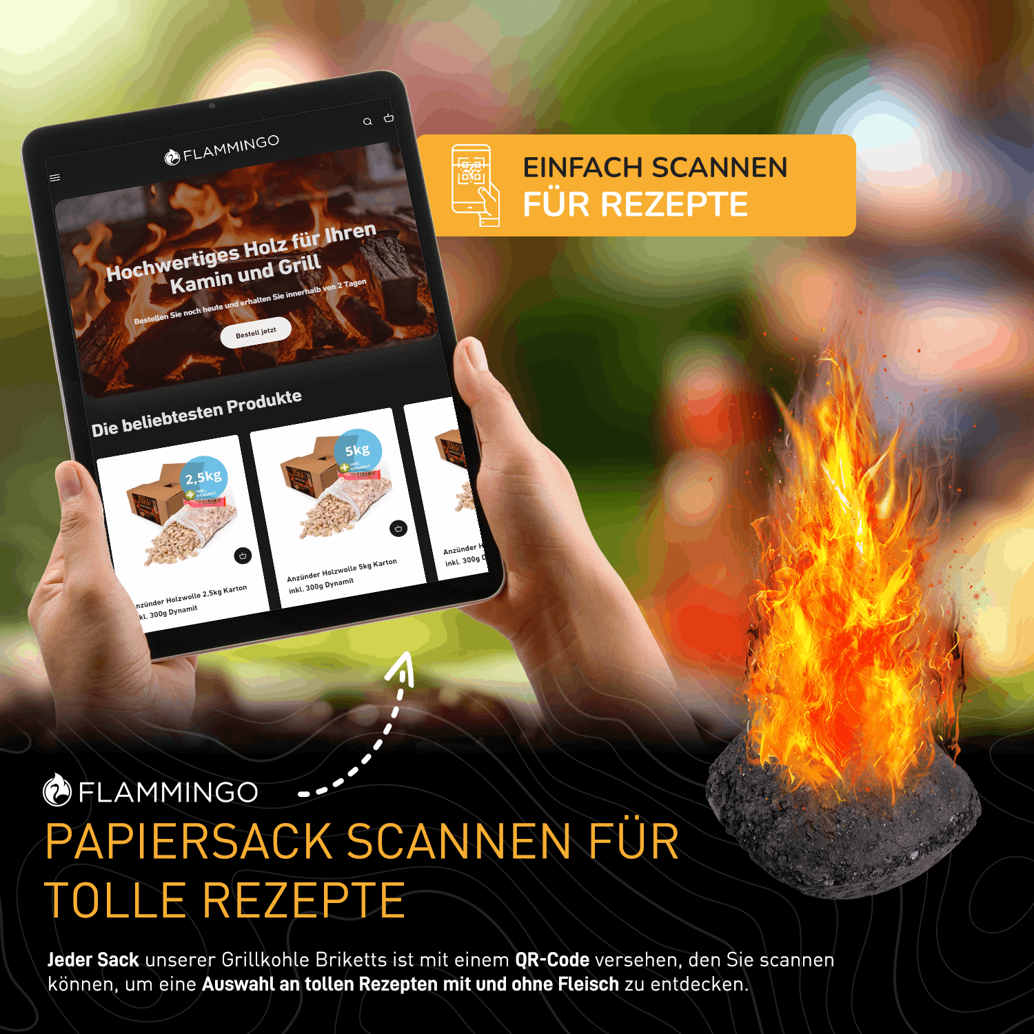 Flammingo® Grillholzkohle Briketts 3-27 kg in Papiersack