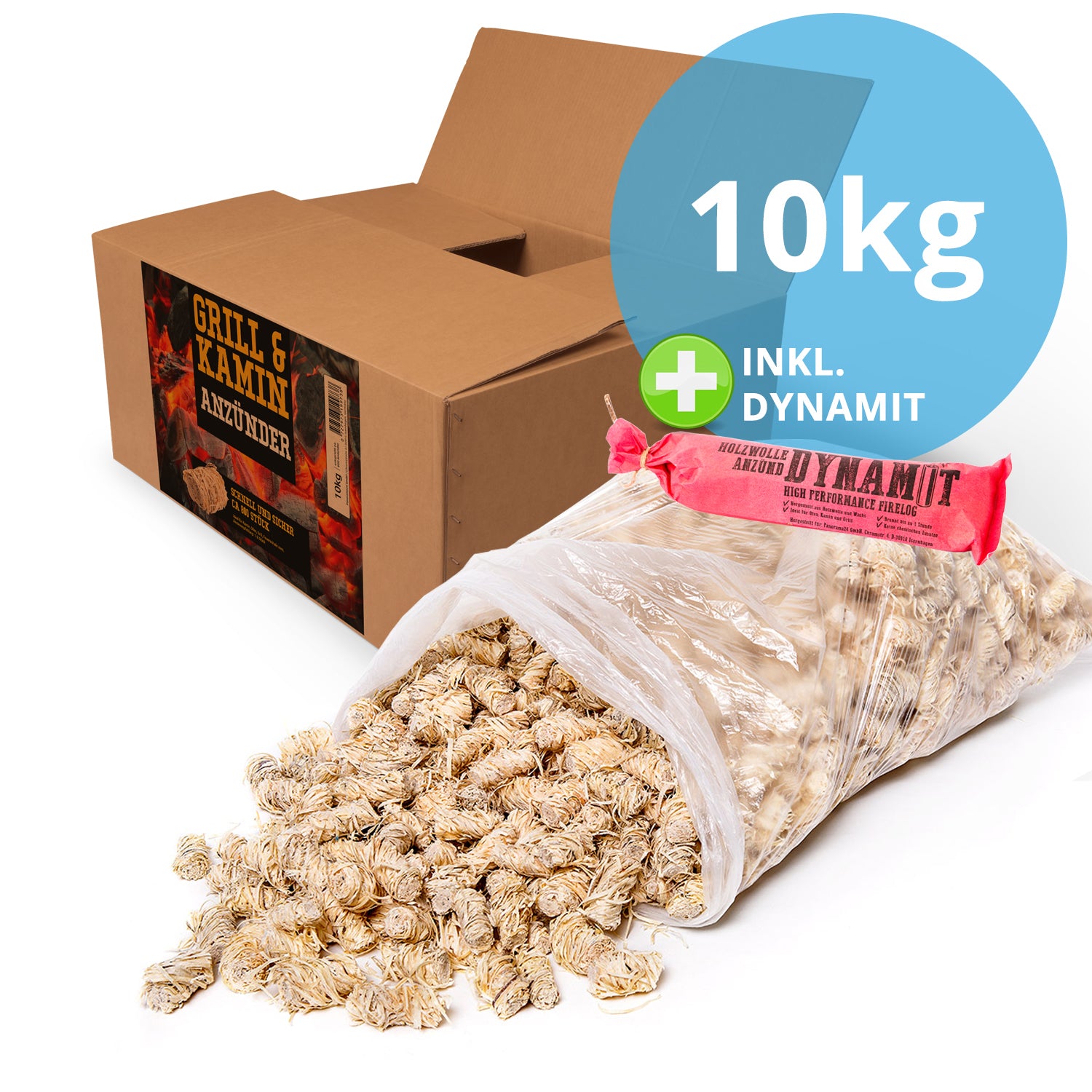 Anzünder Holzwolle 10kg Karton inkl. 300g Dynamit