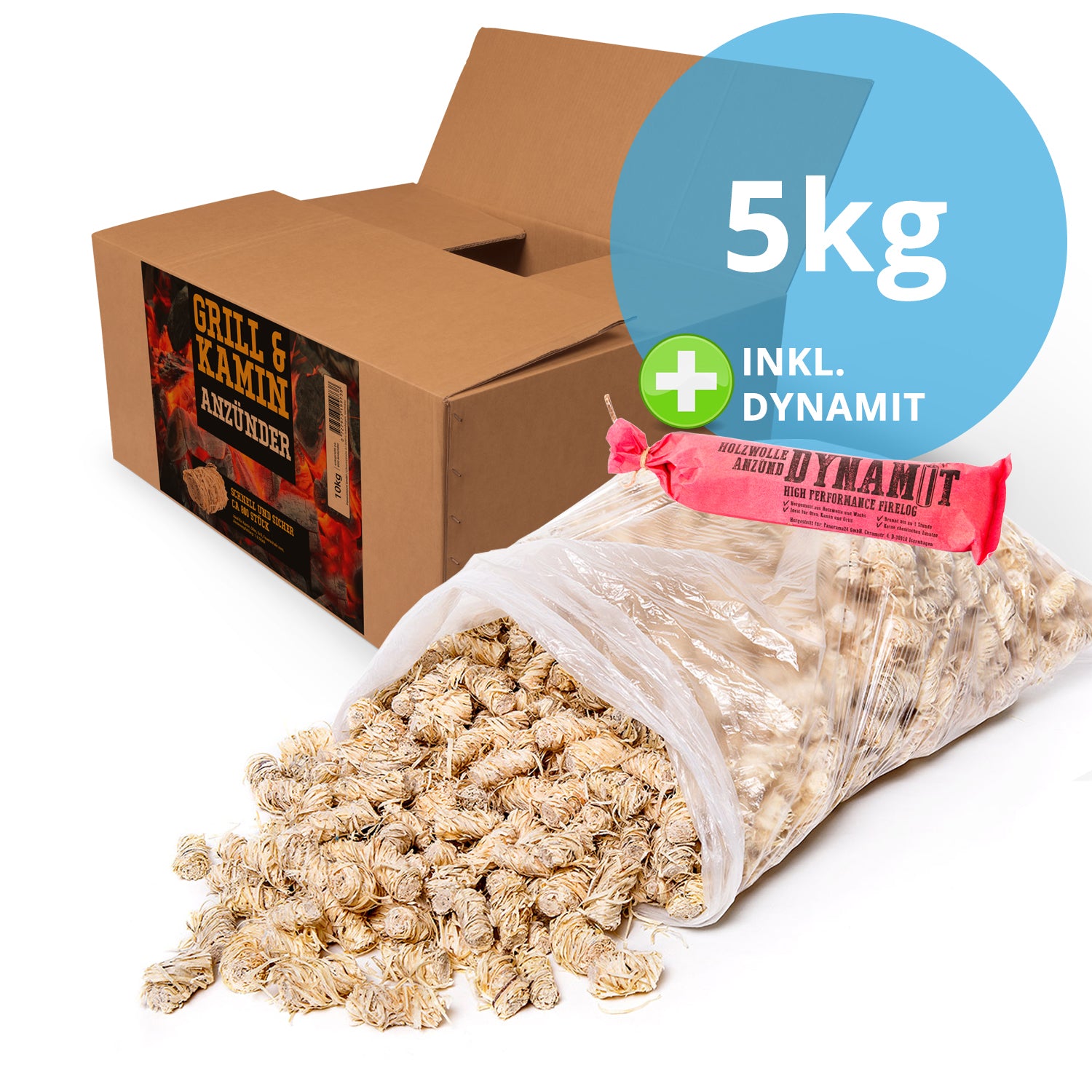 Anzünder Holzwolle 5kg Karton inkl. 300g Dynamit