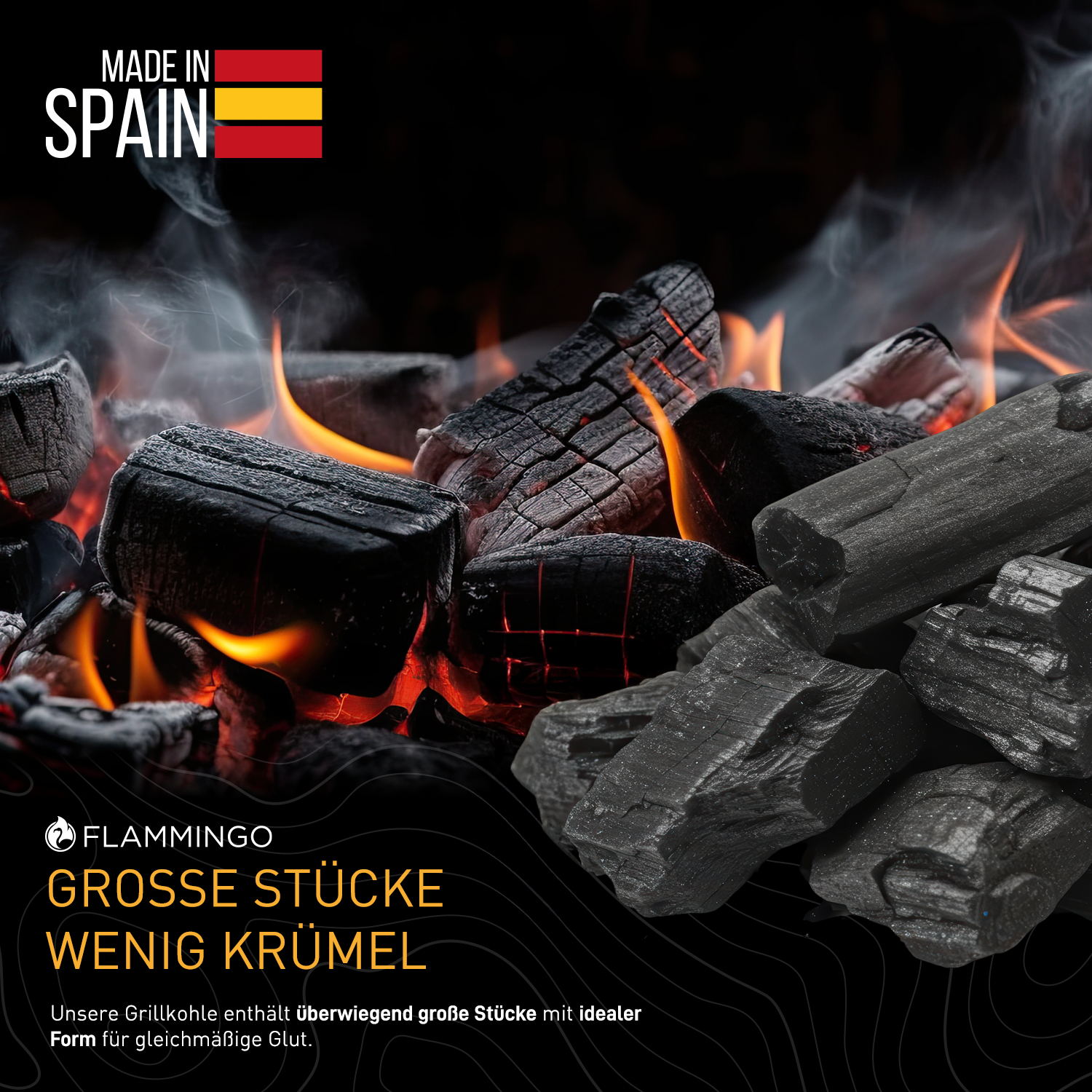 Flammingo® Grillkohle – 100% Natur-Holzkohle aus Hartholz