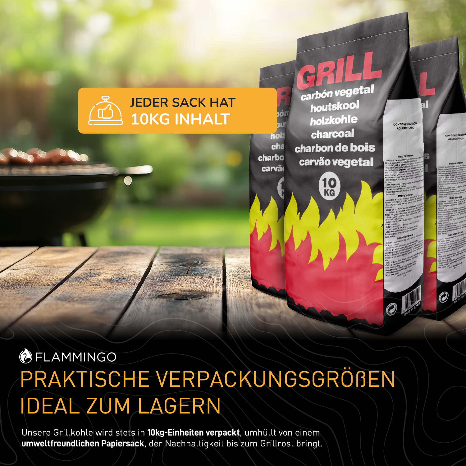 Flammingo® Grillkohle – 100% Natur-Holzkohle aus Hartholz